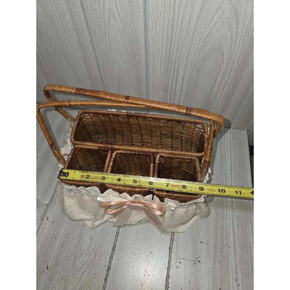 Vintage Wicker Basket Storage Caddy Silverware Picinic Organizer Heart Lace Bow